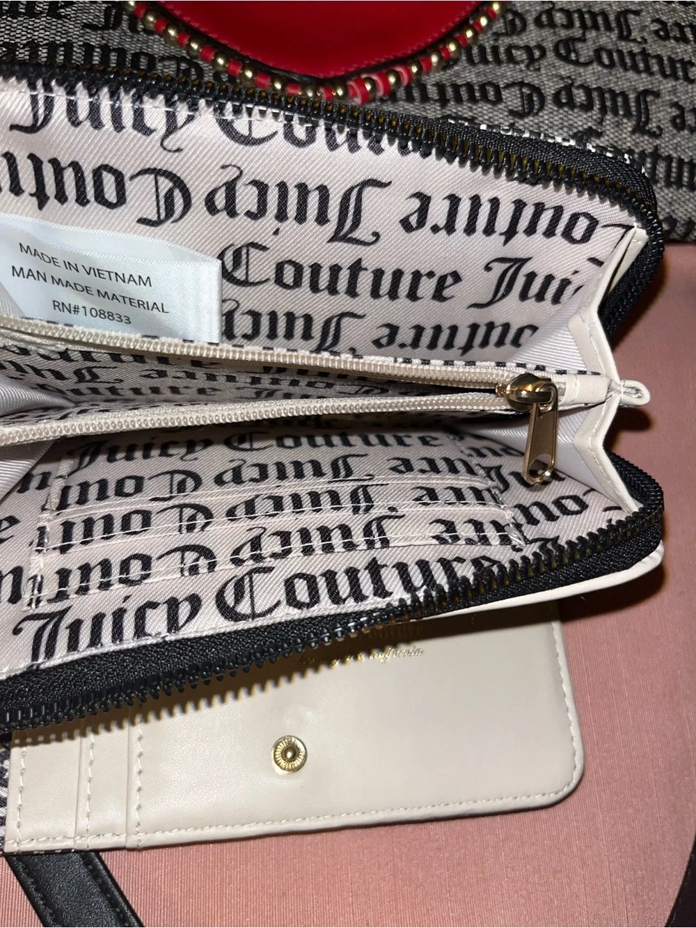 Juicy Couture Black & White Logo Satchel with Red Heart Accent & Wallet